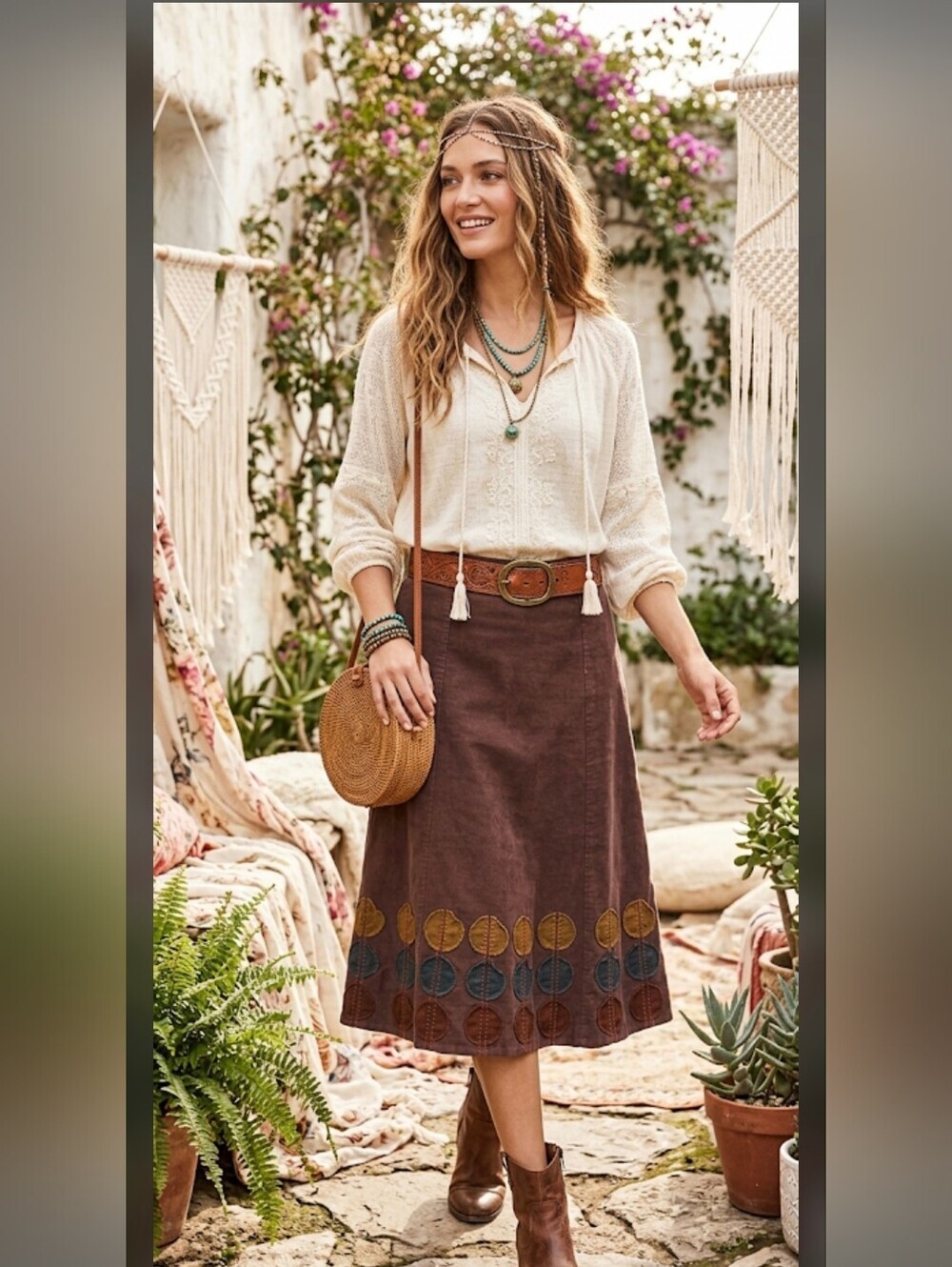 Boden Corduroy Applique A Line Skirt Brown Earthtone Boho Size 2